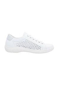 White sneaker with perforated design on the sides, soft gray accents on the heel, and a textured white rubber sole.