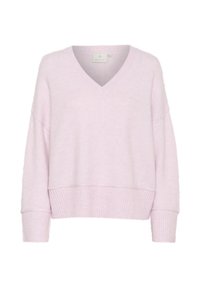 Pullover V-neck rosa chiaro realizzato in tessuto morbido e testurizzato. Caratterizzato da una vestibilità ampia con polsini e orlo a coste. Etichetta del marchio visibile all'apertura del collo.