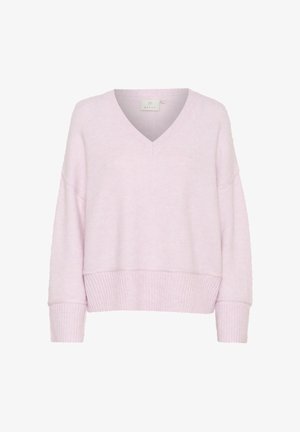 Light pink V-neck sweater made of soft, textured fabric. Features a loose fit with ribbed cuffs and hem. Brand label visible at the neckline.