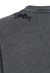 Dunkelgrauer Sweatshirt mit geripptem Kragen und besticktem, kursivem Text in Schwarz und Lila nahe dem Nacken auf der Rückseite.