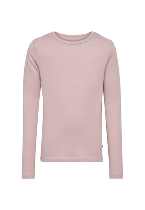 Langærmet, lyserød rundhalset trøje med glat tekstur og enkelt design, vist på en ensfarvet hvid baggrund.