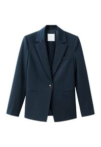 Donkerblauwe blazer van stof met een gladde textuur, voorzien van een enkele knoop, ingesneden revers en twee steekzakken aan de voorkant.