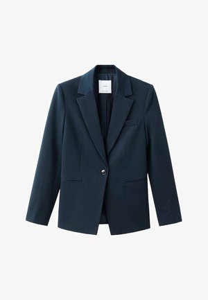 Donkerblauwe blazer van stof met een gladde textuur, voorzien van een enkele knoop, ingesneden revers en twee steekzakken aan de voorkant.