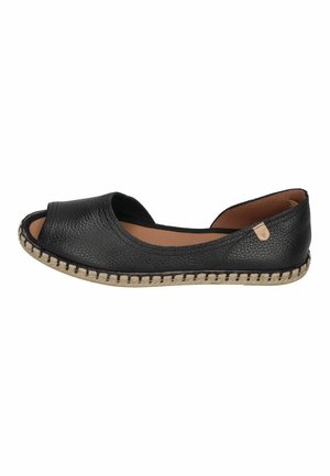 Black leather flat espadrille with open toe and beige stitched sole detail, viewed from the side.