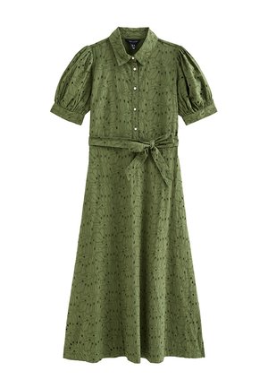 Olijfgroene midi-jurk met oogjesborduursel, pofmouwen, knoopsluiting aan de voorkant, kraag en taille-ceintuur.