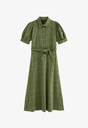 Olijfgroene midi-jurk met oogjesborduursel, pofmouwen, knoopsluiting aan de voorkant, kraag en taille-ceintuur.