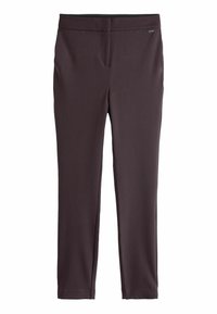 Tmavofialové elastické nohavice s plochým pásom, slim fit a prednými vreckami, vyrobené z hladkej tkaniny s matným povrchom.