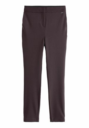 Pantaloni elasticizzati viola scuro con vita piatta, vestibilità slim e tasche frontali, realizzati in un tessuto liscio con una finitura opaca.