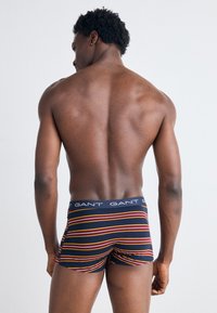 Gestreifte Boxershorts in Marineblau mit bunten horizontalen Streifen. Mit einem elastischen Bund, auf dem der Markenname "GANT" in Weiß steht.