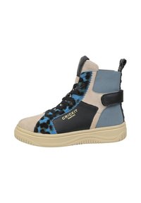 High-top sneaker made of suede and leather in beige, black, blue, and animal print. Features a padded collar and side strap. Gold logo accents.