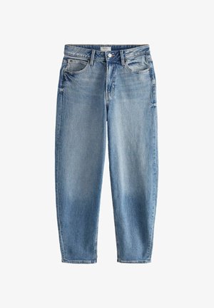 Lichtblauwe denim jeans met een losse pasvorm, rechte pijpen en een vijf-vakken ontwerp. Heeft een knoopsluiting en subtiele vervaging.
