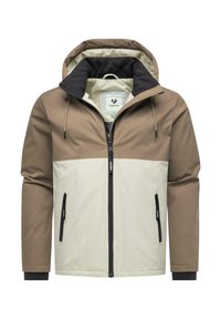 Giacca con cappuccio da uomo, zip-up, con parte superiore beige, parte inferiore crema chiaro, colletto interno nero e tasche laterali con zip, marca "ragwear" visibile.