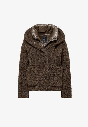 Braune Plüschjacke mit einer strukturierten, flauschigen Außenseite, einer glänzenden braunen Pufferkapuze und zwei Vorderstaschen. Mit Knopfverschluss.