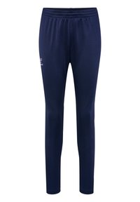 Granatowe spodnie sportowe z elastycznym paskiem w talii, zwężającymi się nogawkami i gładką teksturą; na lewej stronie znajduje się małe logo.