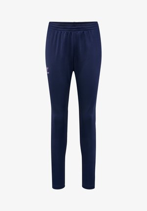 Pantaloni sportivi blu navy con cintura elastica, gambe affusolate e texture liscia; presenta un piccolo logo sul lato sinistro.