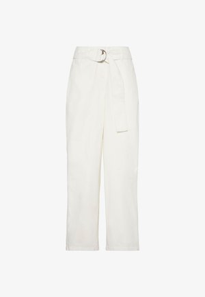 Hvide bukser i bomuldsblanding med høj talje, bæltestropper og et aftageligt bælte med en sølvring. Bredbenet design med en glat finish.