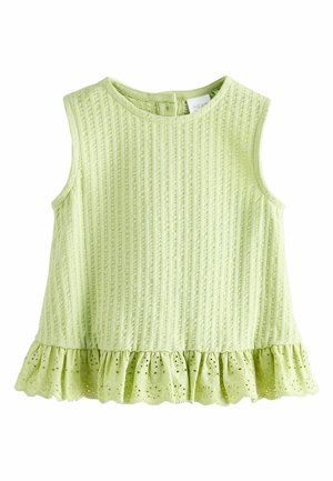 Ärmelloses, hellgrünes strukturiertes Oberteil mit vertikaler Rippung und einem gerafften Saum aus Ösen-Spitze, mit rundem Ausschnitt und Rückenreißverschluss.