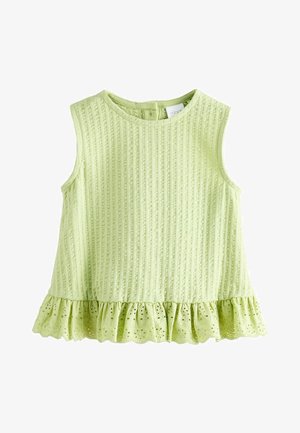 Haut sans manches vert clair texturé avec des côtes verticales et un ourlet volanté en dentelle ajourée, doté d'un col rond et d'une fermeture éclair au dos.