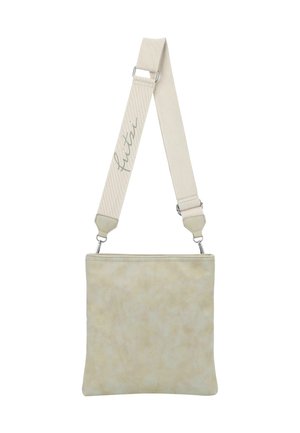 Beige Umhängetasche mit breitem verstellbarem Textilgurt mit genähten Enden und kursiver Schrift.