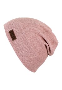 Pink knitted beanie with a textural pattern, featuring a brown leather label with embossed text, relaxed slouchy design, soft material.