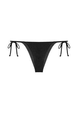 Chilot de bikini negru cu legături laterale, acoperire îngustă și finisaj neted al materialului, afișat pe un fundal alb.