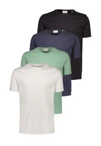Cztery koszulki z krótkim rękawem w kolorach: białym, zielonym, granatowym i czarnym. Każda ma okrągły dekolt i gładką bawełnianą teksturę.