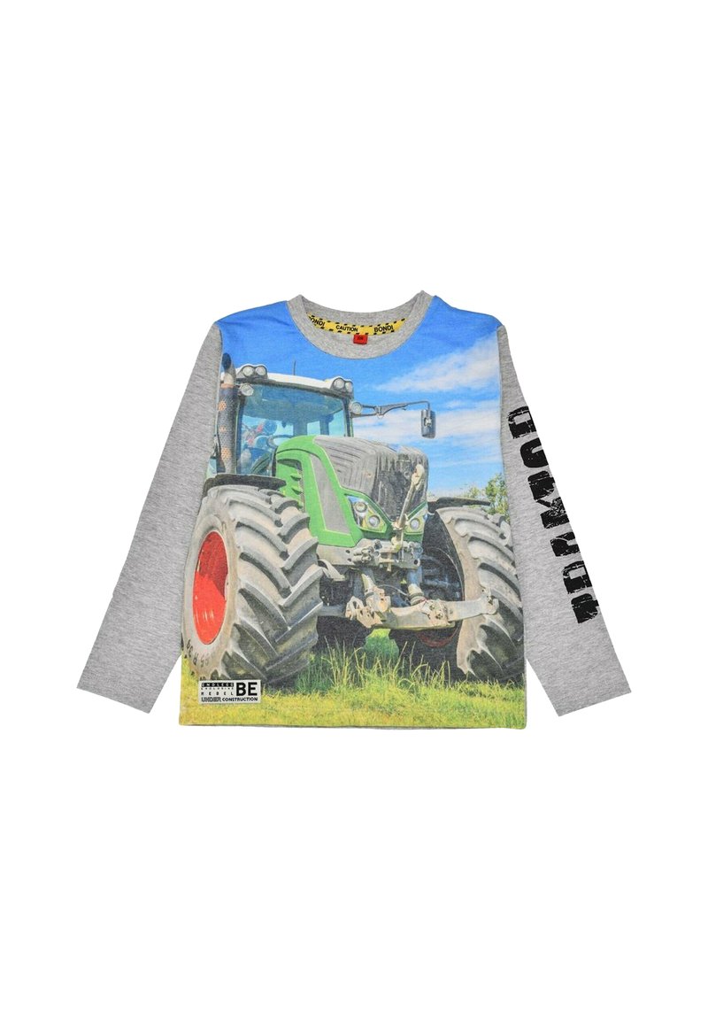Langarmshirt mit einem farbigen Bild eines grünen Traktors auf der Vorderseite, grauen Ärmeln und einem schwarzen Aufdruck auf einer Seite.