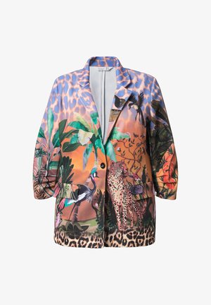 Farverig blazer med et levende dyre- og planteprint. Lavet af glat stof med løs pasform og enkelt knaplukning. Har et leopardmønster ved kanten.