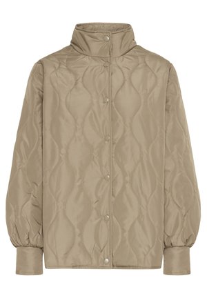 Beige gewatteerde jas met een hoge kraag, drukknoopsluiting en pofmouwen. Vlotte textuur met een golfpatroon over de stof.