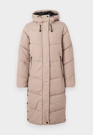 Palton de iarnă lung, mauve, căptușit, cu glugă, fermoar frontal, nasturi prin presare și buzunare laterale cu fermoar, pe un fundal alb.