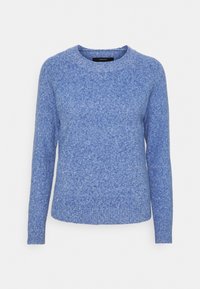 Pull en maille bleu avec un col rond, des manches longues et une surface texturée. Présente une coupe régulière et un tissu doux.