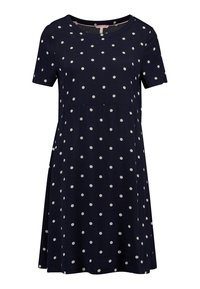 Námořnická modrá šaty s krátkým rukávem, bílé puntíky, kulatý výstřih a rozšířený střih sukni. Hladká textura látky po celé ploše.