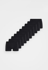 Boxer shorts noirs, en tissu doux, avec un design ajusté et une taille élastique. Ensemble de dix présentés en rang.
