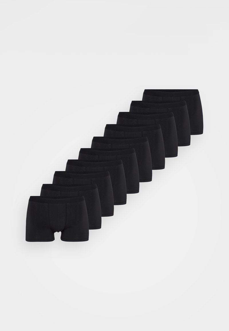 Schwarze Boxershorts aus weichem Material mit passgenauer Form und elastischem Bund. Zehn Stück in einer Reihe präsentiert.