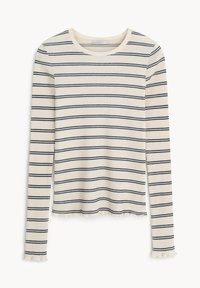 Kremowa bluzka z długim rękawem w paski w kolorze granatowym, z okrągłym dekoltem i postrzępionymi wykończeniami rękawów.