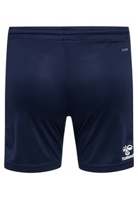 Navy blue sports shorts with elastic waistband, small "BEECOOL" text near top right waist, and white hummel logo on bottom right leg.