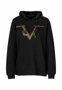 Černá mikina s kapucí se zlatým geometrickým designem "V", textem "1969" a "ITALIA" a nastavitelnou šňůrkou na kapuci.