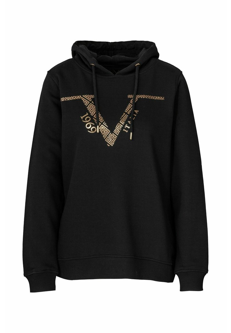 Černá mikina s kapucí se zlatým geometrickým designem "V", textem "1969" a "ITALIA" a nastavitelnou šňůrkou na kapuci.
