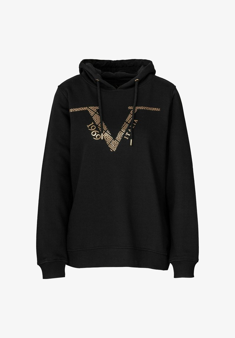 Černá mikina s kapucí se zlatým geometrickým designem "V", textem "1969" a "ITALIA" a nastavitelnou šňůrkou na kapuci.
