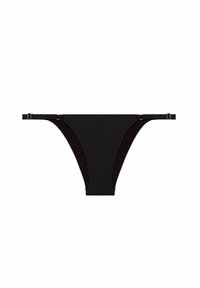 Chiloți negri de bikini cu o acoperire minimă, curele laterale ajustabile și o textură netedă. Design simplu, fără modele sau embellishments.