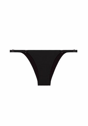 Black bikini bottom with minimal coverage, adjustable side straps, and smooth texture. Simple design without patterns or embellishments.