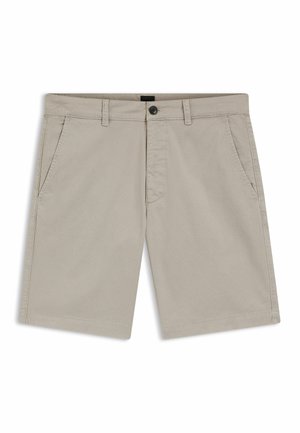 Pantalones cortos casuales para hombre en color beige con cierre frontal de botón y cremallera, bolsillos laterales y trabillas para cinturón, dispuestos planos sobre un fondo blanco.