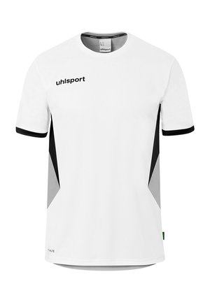 White short-sleeve sports shirt with black "uhlsport" logo on chest, black sleeve cuffs, and black-gray side panel accents.