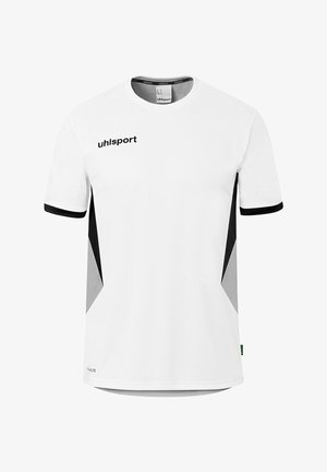 Weißes kurzärmeliges Sportshirt mit schwarzem "uhlsport"-Logo auf der Brust, schwarzen Ärmelbündchen und schwarz-grauen Seiteneinsätzen.
