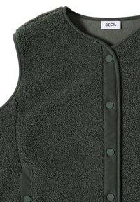 Dark green sleeveless fleece vest with round neck and snap buttons down the front, labeled Cecil.