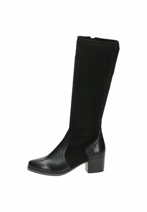 Black knee-high boot with block heel, smooth leather foot, and soft suede upper.