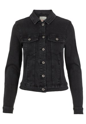 Schwarze Jeansjacke mit Knopfleiste vorne, zwei Brusttaschen mit Klappen, langen Ärmeln und klassischem Kragen.