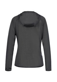 Dunkelgraue, leichte Jacke mit Kapuze, langen Ärmeln, strukturiertem Stoff und seitlichen Reißverschlüssen. Einfaches, funktionales Design ohne Verzierungen.