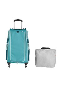 Turkusowa walizka na kółkach z wieloma bocznymi kieszeniami i czarną rączką, zestawiona z małą szarą torbą podręczną z subtelnym wzorem i czarną rączką.