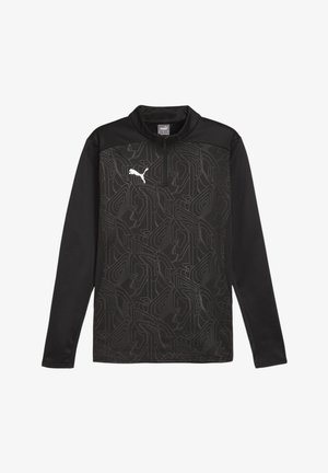 Pullover nero a maniche lunghe con colletto zip, caratterizzato da un motivo astratto grigio testurizzato e un logo bianco sul petto. Realizzato in tessuto sportivo.